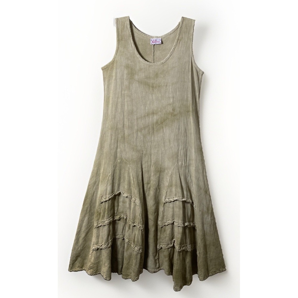 Gauzeway Beige Tye Dye Ruffle Crochet Flare Midi Sleeveless Dress Women's Size 2